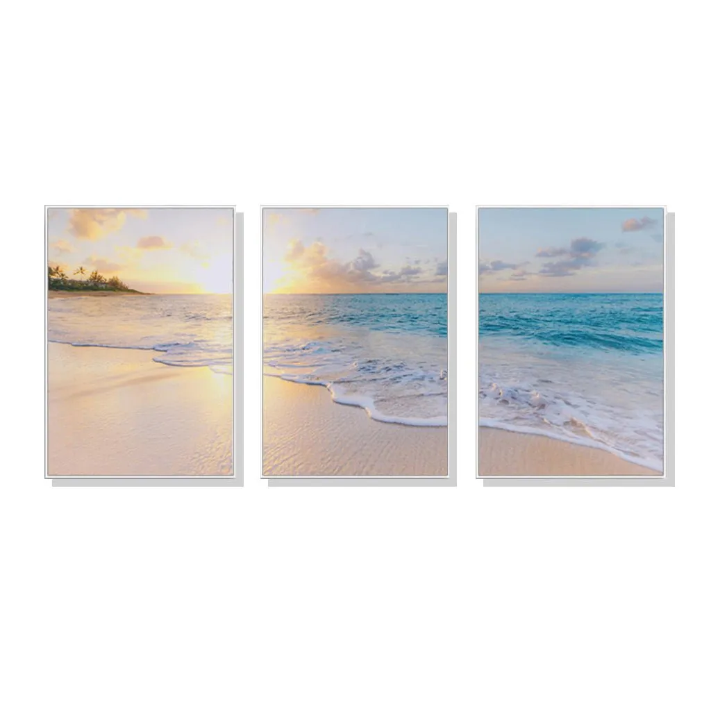 50cm x 70cm | Ocean and beach | 3 Sets | White Frame | Canvas Wall Art
