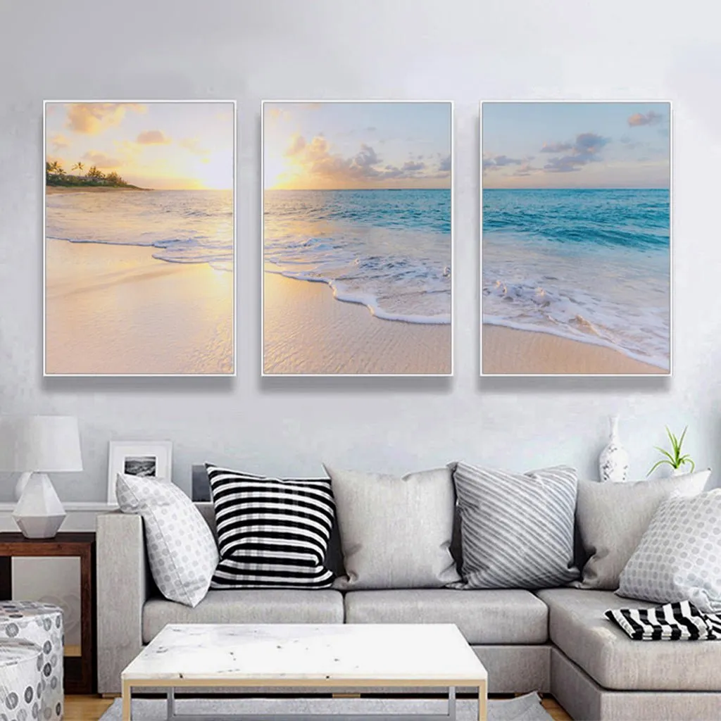 50cm x 70cm | Ocean and beach | 3 Sets | White Frame | Canvas Wall Art