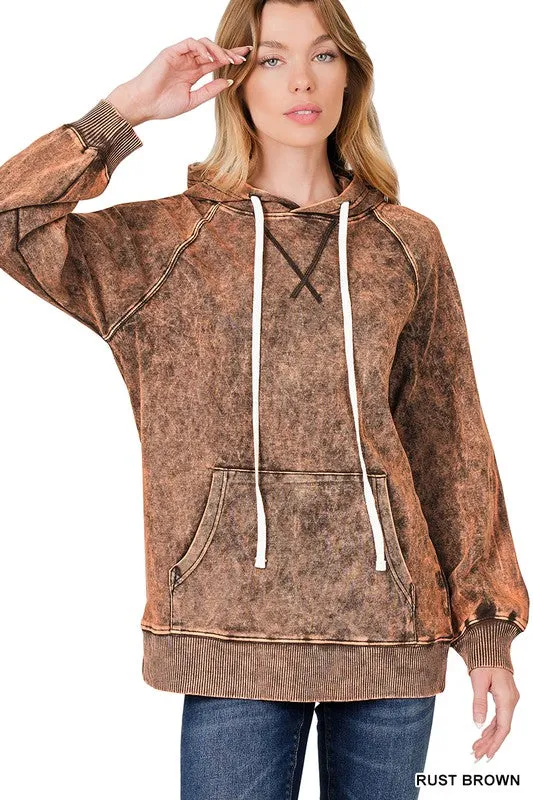Acid Wash Raglan Sleeve Hoodie With Pocket
