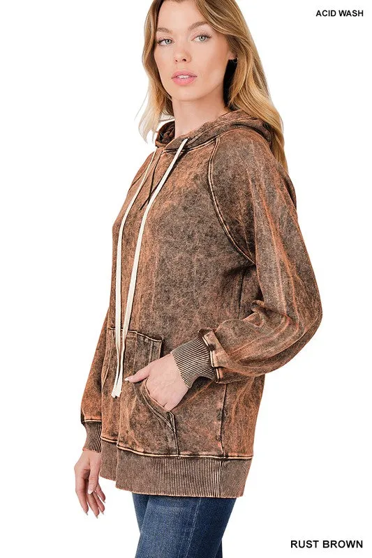 Acid Wash Raglan Sleeve Hoodie With Pocket