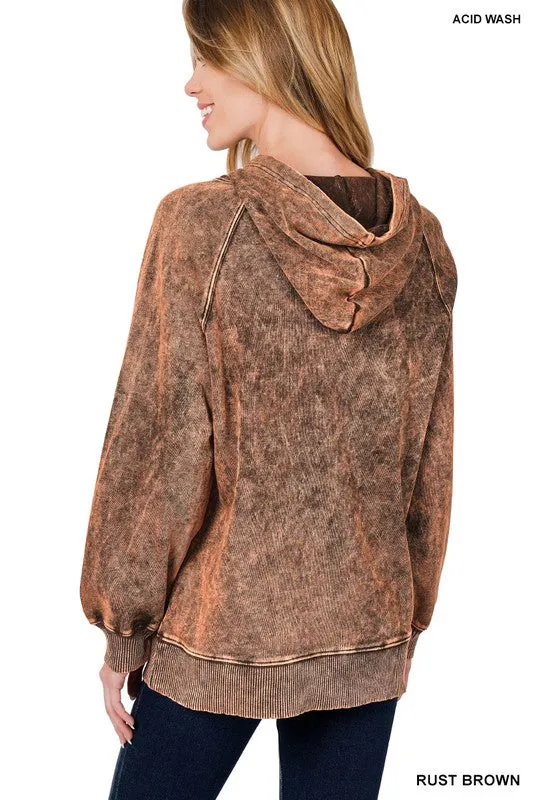 Acid Wash Raglan Sleeve Hoodie With Pocket