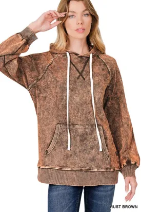 Acid Wash Raglan Sleeve Hoodie With Pocket