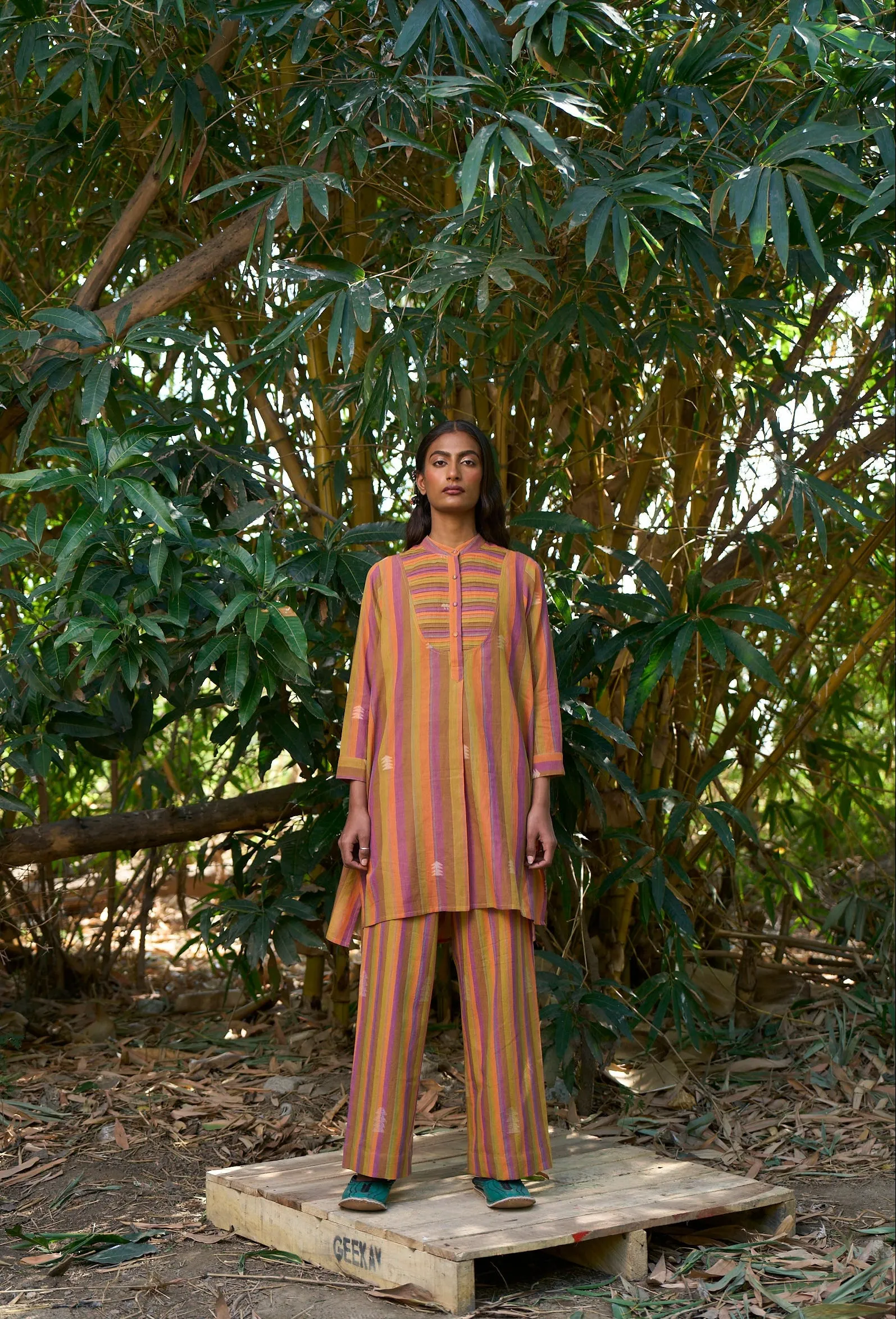 Aida stripe jamdani wide hem pants