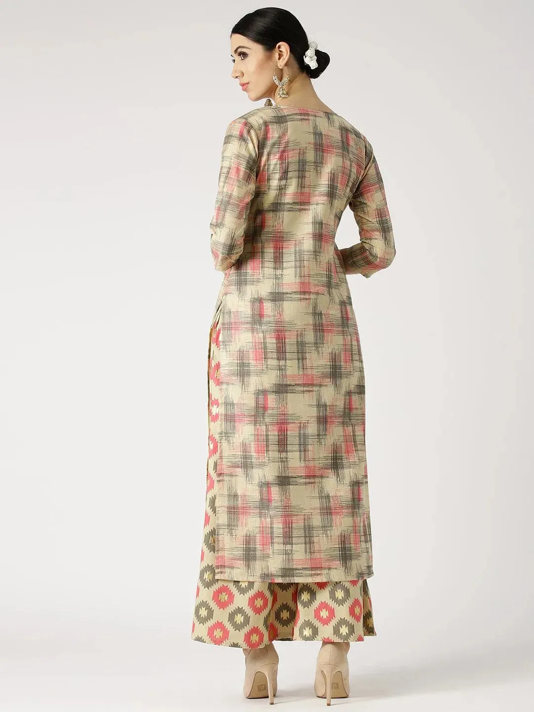 Beige Printed Cotton Straight Kurta With Palazzos