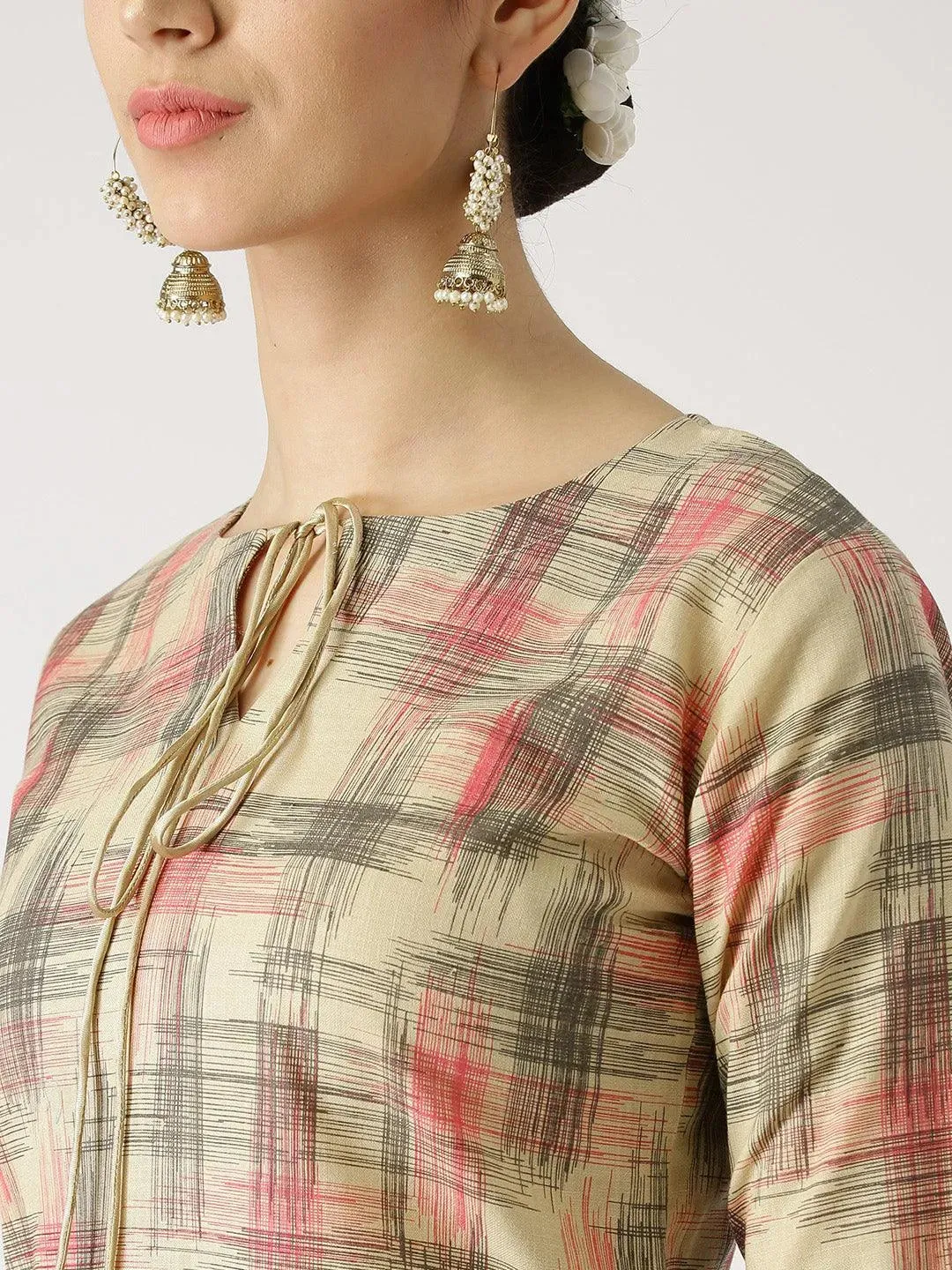 Beige Printed Cotton Straight Kurta With Palazzos
