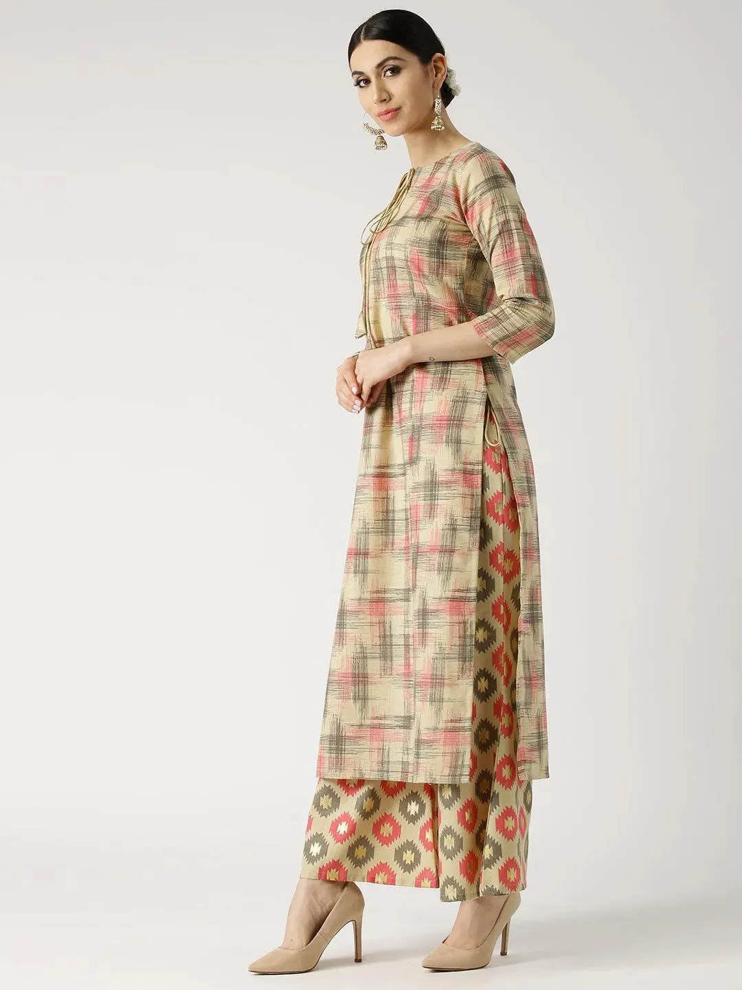 Beige Printed Cotton Straight Kurta With Palazzos