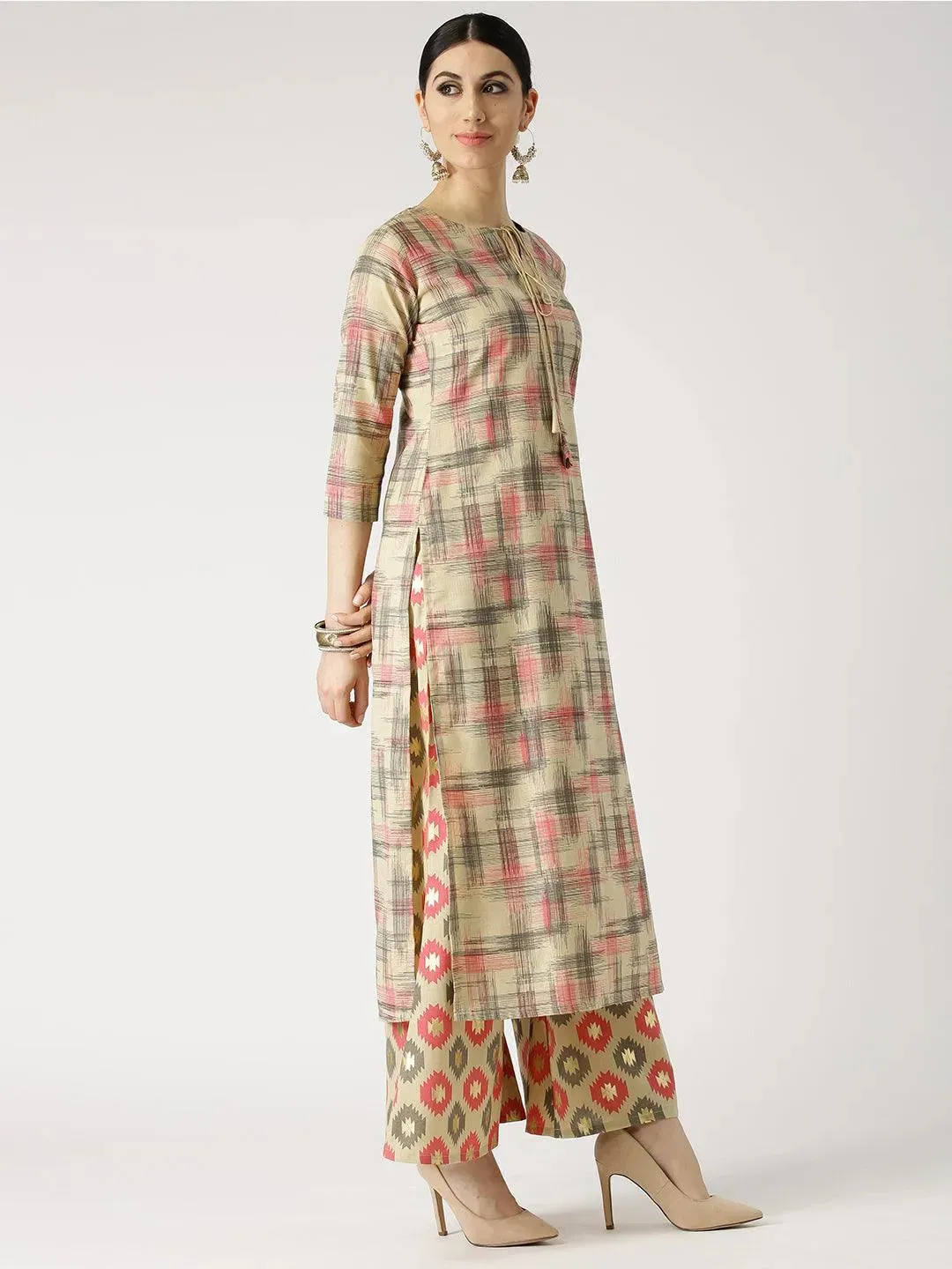 Beige Printed Cotton Straight Kurta With Palazzos