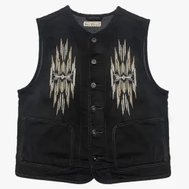 BZEN M.3203R-SILAS NAV-BB REGULAR FIT LINED VEST WITH NATIVE AMERICAN MOTIF BLACK DENIM-11OZ-E0 BLACK