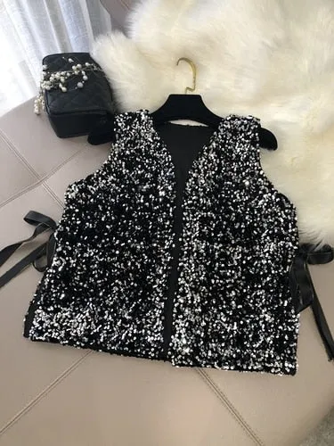 New women's sparkling sequins loose lace top